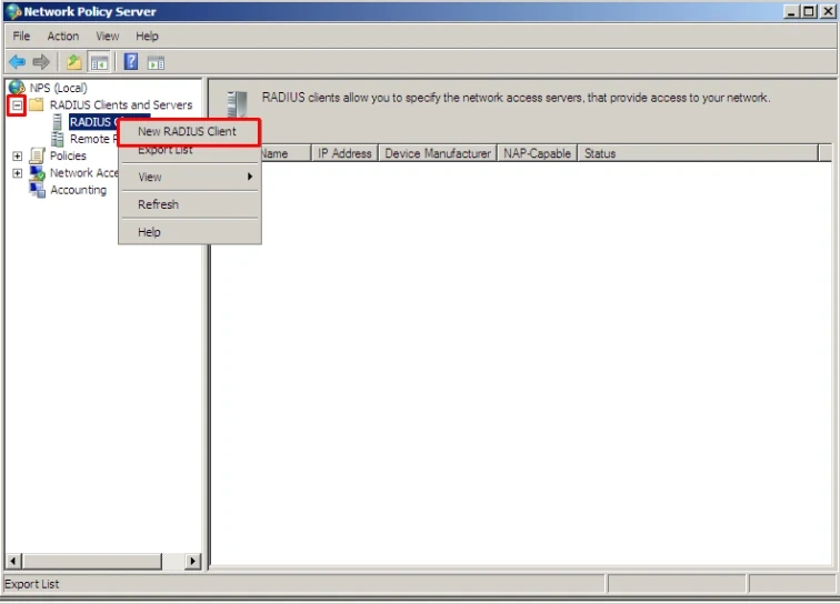 NPS console: New RADIUS Client